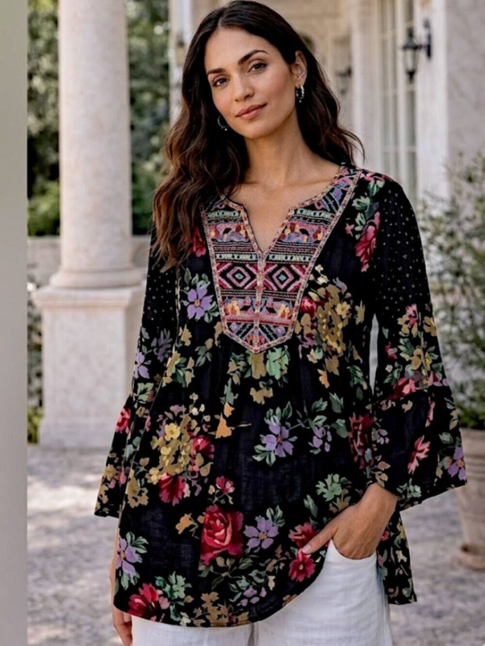 Calessa V-Neck Floral Embroidered Polka Dot Bell Sleeve Tunic Top Size 1X